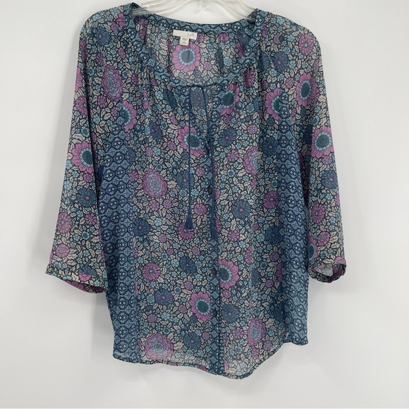 J. Jill Blue Floral Print Tassel Tie Peasant Top Size Small Petite button front - Picture 11 of 11